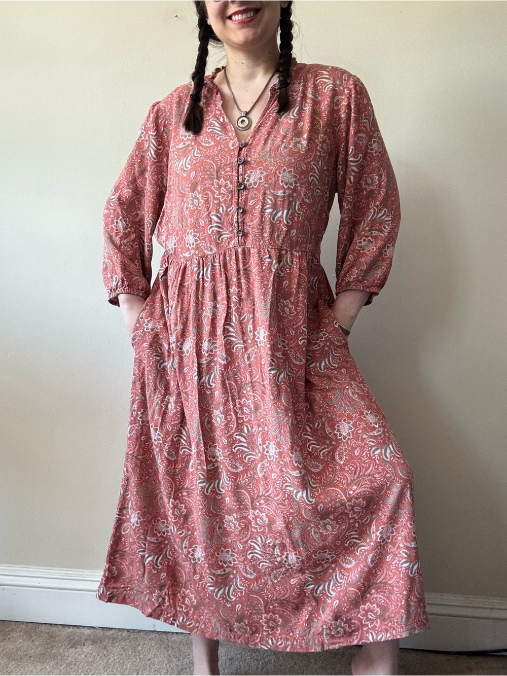 J. Jill Coral Paisley Button-Front Midi Dress